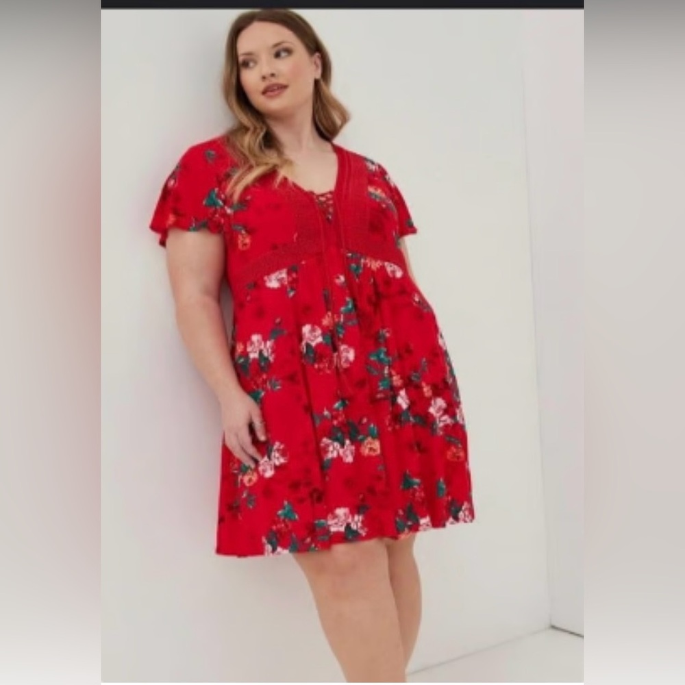 torrid Red Floral Lace-Trim Midi Dress
